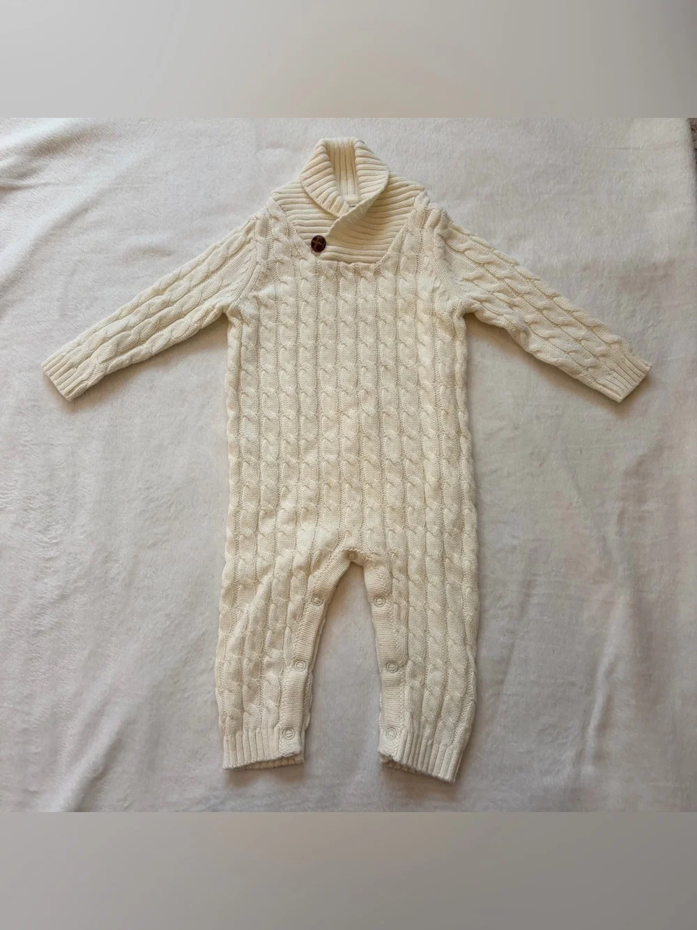 Unisex Cream Cable Knit Shawl Collar Baby One-Piece